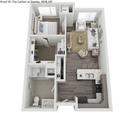 A floor plan of a one bedroom apartment with a kitchen and bathroom.